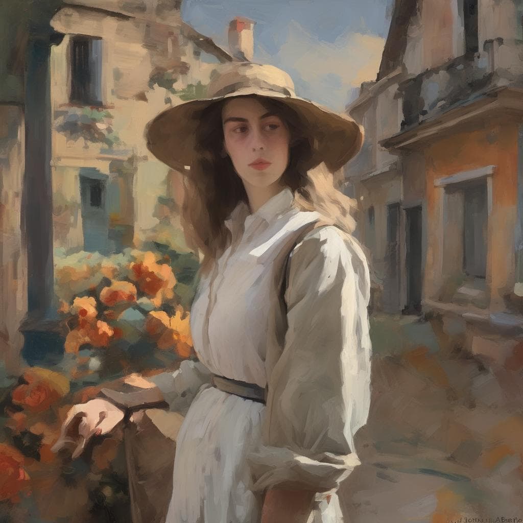 Ζεστή ψηφιακή αναπαράσταση μιας νέας γυναίκας με καπέλο σε εικαστικό τοπίο.