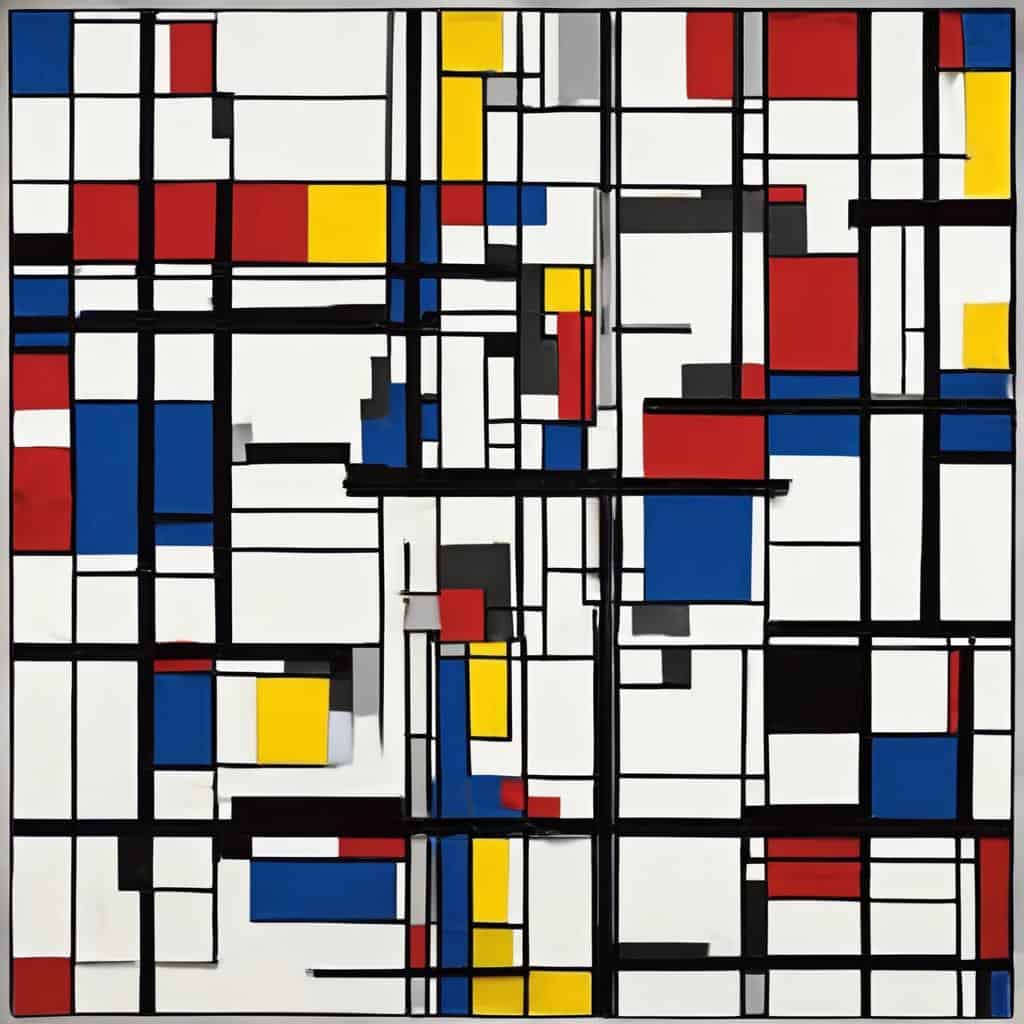 Λευκός πίνακας με γεωμετρικά σχήματα και χρώματα: κόκκινο, κίτρινο, μπλε και μαύρο, εμπνευσμένο από τον πίνακα του Μπριτσόλ.