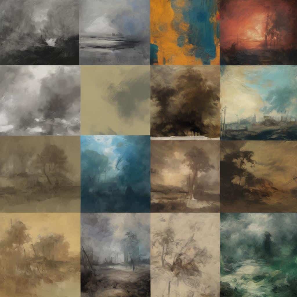 Έργα τέχνης σε ψηφιακή αναπαράσταση, με βυθιστικές αποχρώσεις και αφηρημένες μορφές.