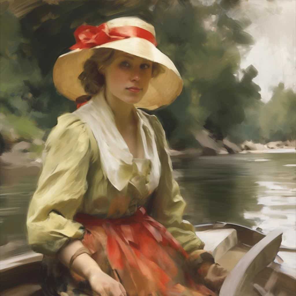 Οπτική αναπαράσταση της τέχνης και της ψηφιακής τέχνης, με γυναίκα σε σκάφος σε φυσικό τοπίο.